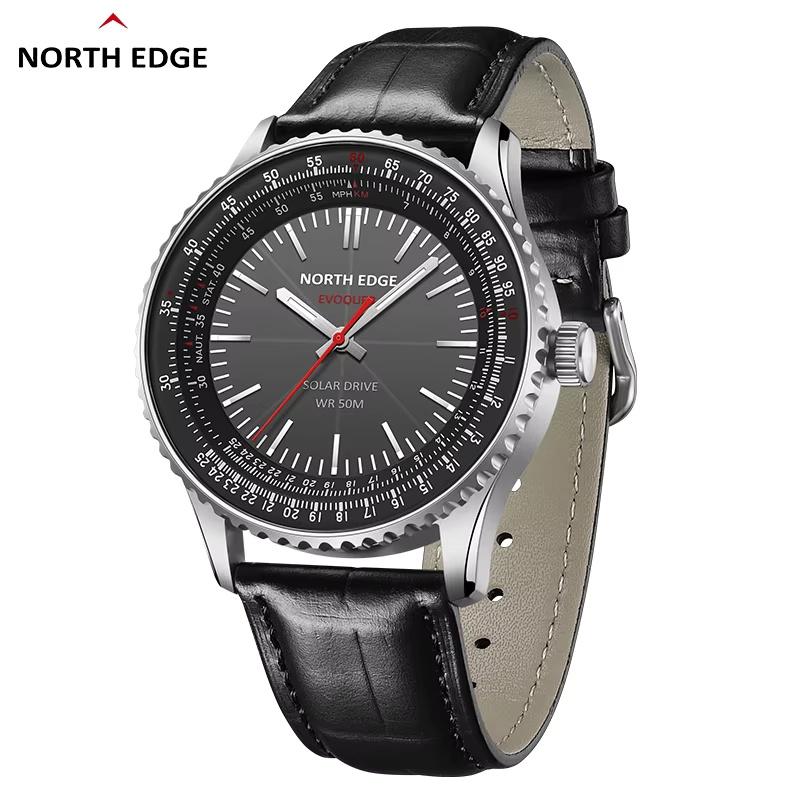 NORTH EDGE EVOQUE 3 Pilot Series Watch For Men Aviation Military Solar Powered Watch Leather Strap Luminous Stainless Steel Case