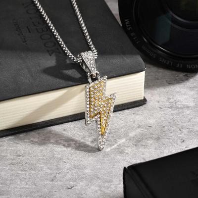 Hip Hop Shining Zircon Lightning Pendant Necklace for Men, Two-color Personality Pendant, Fashion Punk Rock Jewelry Gift