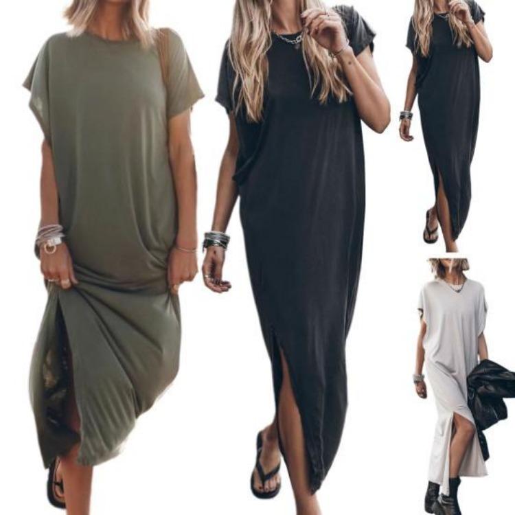 Soft Breathable Women Summer Casual Maxi Dress Round Neck Thin Short Sleeves Loose Solid Color Side Split Ankle Length