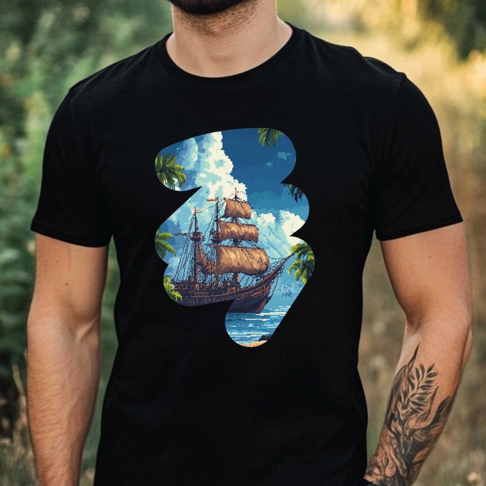 T-Shirt Herren Piratenschiff Pixel Art Motiv Baumwolle Größe XS bis 5XL L
