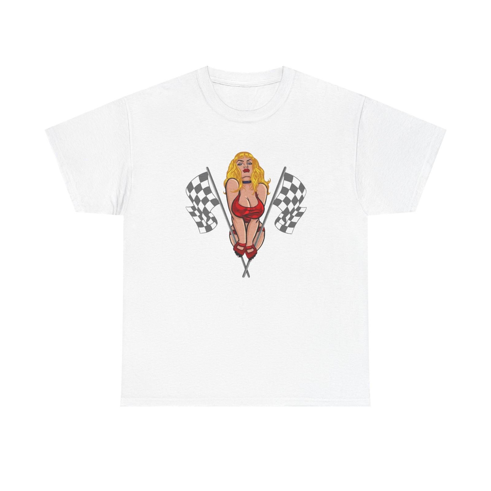 

Racing Flag Model Pin Up Graphic T-Shirt Mens Womens Tees Top Unisex Heavy Cotton Tee Gift NEW 3XL