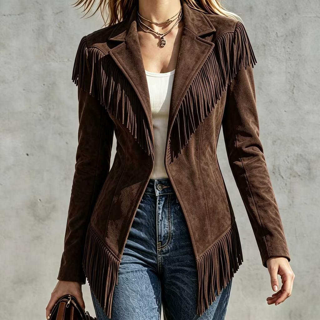 Women S Vintage Western Style Suede Fringe Long Sleeve Jacket
