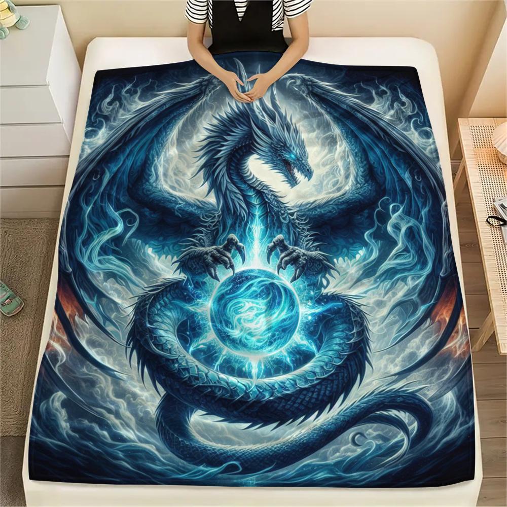 1Pc Fantasy Dragon Print Flannel Blanket, High Quality Comfortable for All Seasons, Home Decor, Warmth and Comfort, Perfect for Gifts