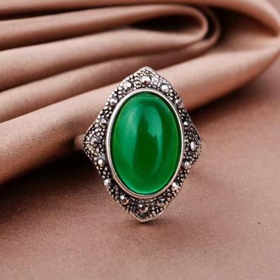 Retro Noble Temperament Symulacja Chalcedon Granat Duży Kamień Szlachetny Pierścień Kobieta, Imitacja Tajskiego Srebra Żywy Pierścień