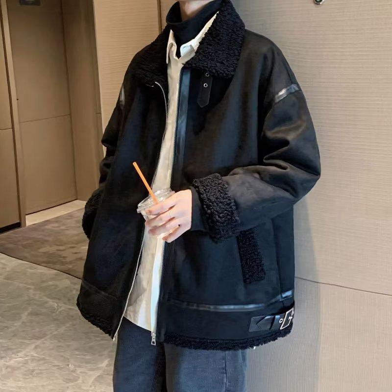 Men's Black Winter Lambswool Berber Fleece Jacket - Thick, Trendy, Fur-Lined, Lapel, Large Size Coat