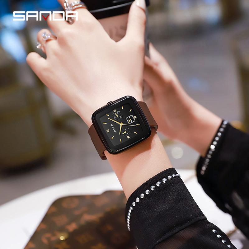 Sanda Square Men's & Women's Quartz Watch with Silicone Strap, Six Hands, Waterproof, Bar Markers, Fashionable Design