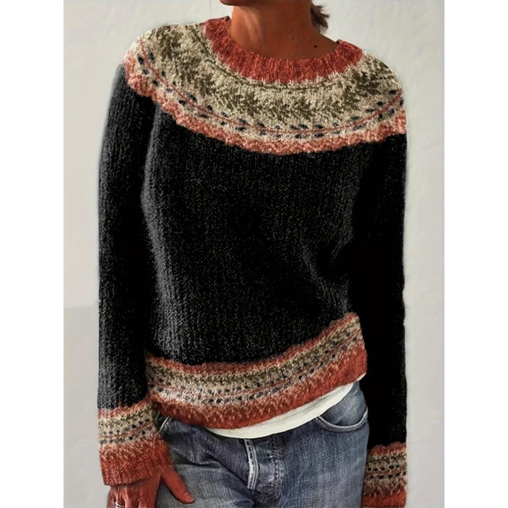 Pull, Femme, Col Rond, Bloc de Couleurs, Coupe Ample, Pull-over, Pull Tricoté, Chaud, Haut Décontracté