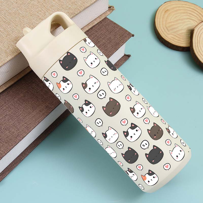 Fashion Cartoon Cats Stainless Steel Fitness Outdoor Sports Water Bottle, 550ml-BWBA/18.6oz Reusable Insulated Flask 550ml