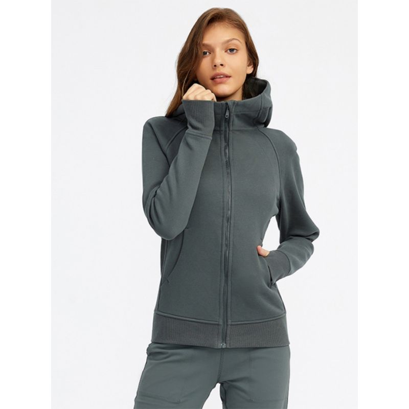 Waist-Tight Thin Yoga Wear Fall and Winter Running Jacket Workout Top Silm Hooded Cardigan Sweater Female Fleece-lined Thickened
