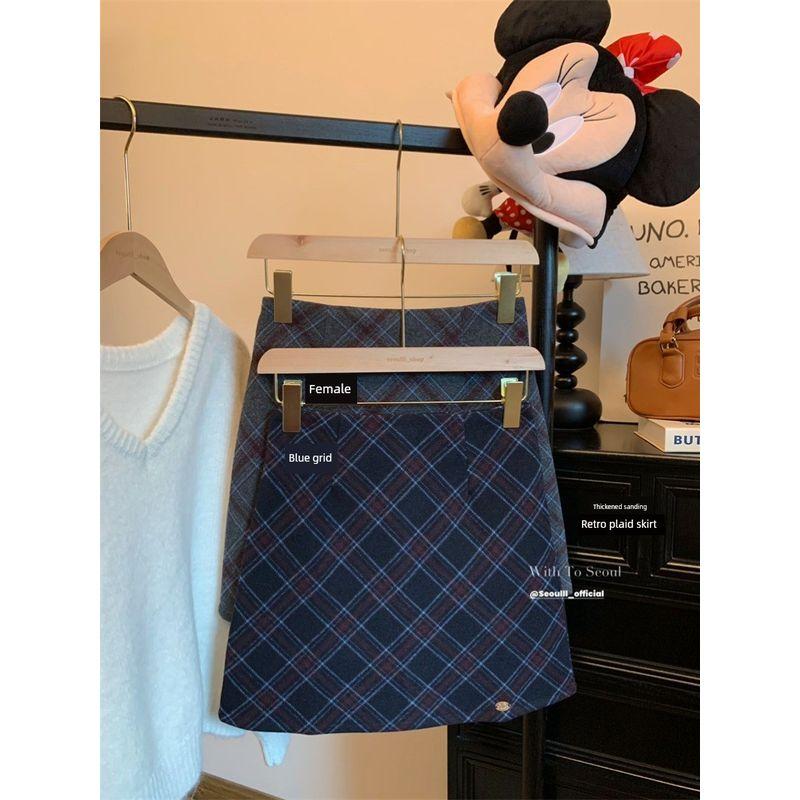 Kumikumi Preppy Contrast Color Plaid Retro All-Match Skirt Women's Autumn High Waist Slimming A- line Skirt Short dress
