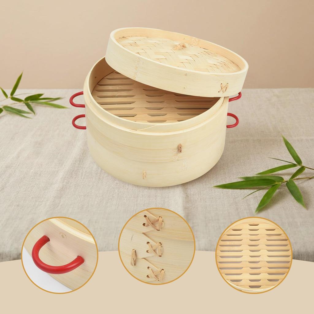 OTraki Bambus-Dämpfer 22cm mit Griffen für einfache Handhabung, inklusive 2 1/4 Dampfeinsätzen, geeignet für gewerbliche und private Nutzung, ideal zum Dämpfen