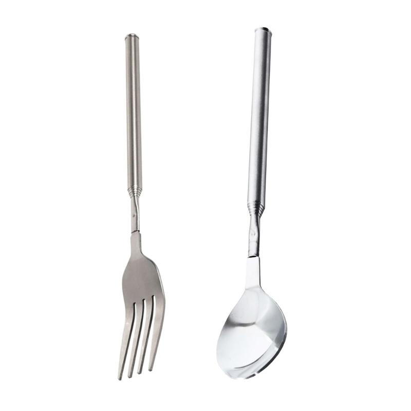 652F 2pcs Stainless Steel Adjustable Forks Spoon Telescopic Long Cutlery Dinning Utensils for BBQ Picnics and Kitchen Use