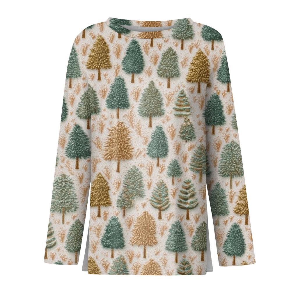 Women's Fashion Casual Slit Hem Round Neck Long Sleeve Loose  Printed T-Shirt Ladies Top