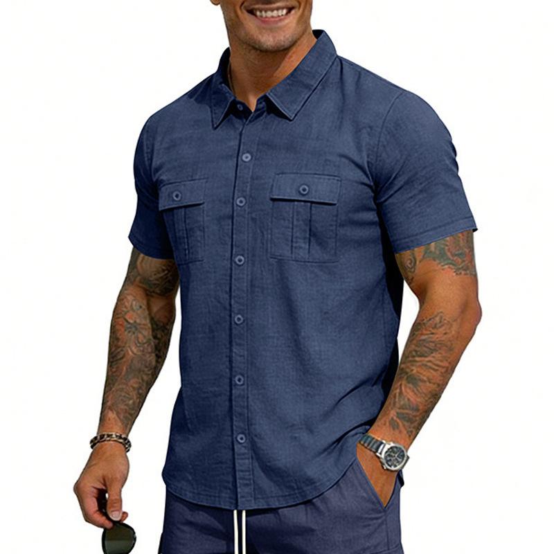 Cotton Linen Shirt Men Pocket Casual Beach Short Sleeve Solid Color Male Tops T-shirts Vintage Streetwear Comfort Casual Shirts