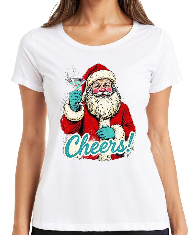 Santa Cheers Cocktail Martini Christmas Party Vintage Ladies TShirt