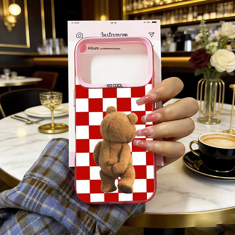 

Cute Teddy Bear Pink Plaid Animal Phone Case For iPhone 17 17e 16e 16 15 14 13 12 11 mini Pro Max X XR XSMAX Air Plus Anti Fall iPhone 15