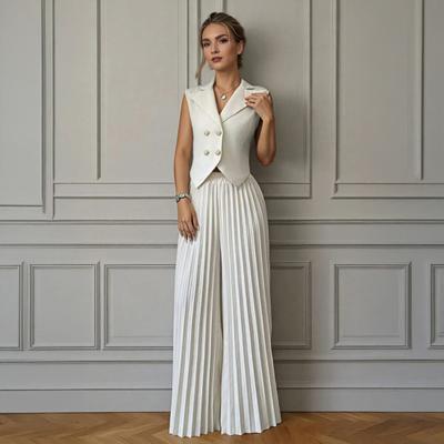 Kadın 2 Parça Yelek Setleri Kolsuz Düğmeli Crop Blazer Yelek ve Geniş Belli Pileli Pantolon Günlük İş Kıyafetleri