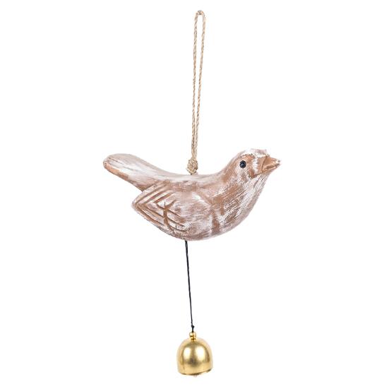 Rustic Wood Bird Wind Chime Vintage Bird Sculpture Hanging Bell Pendant for Farmhouse