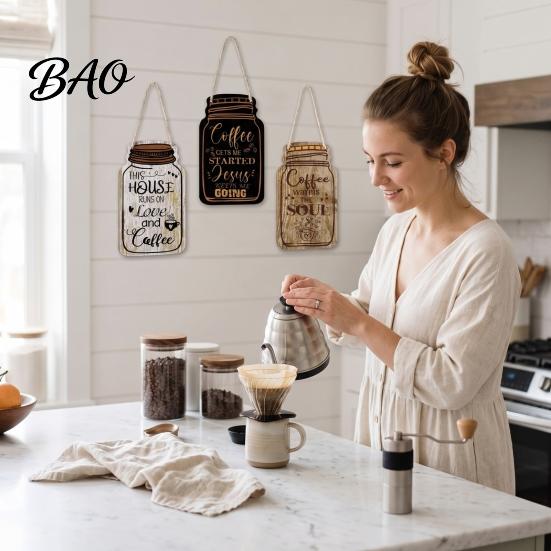 Housewarming Gift for Coffee Lovers 3Pcs Wooden Mason Jar Hanging Sign, Rustic Theme Wall Decor with Bar Sign Hemp Rope, Decorative Pendant Farmhouse