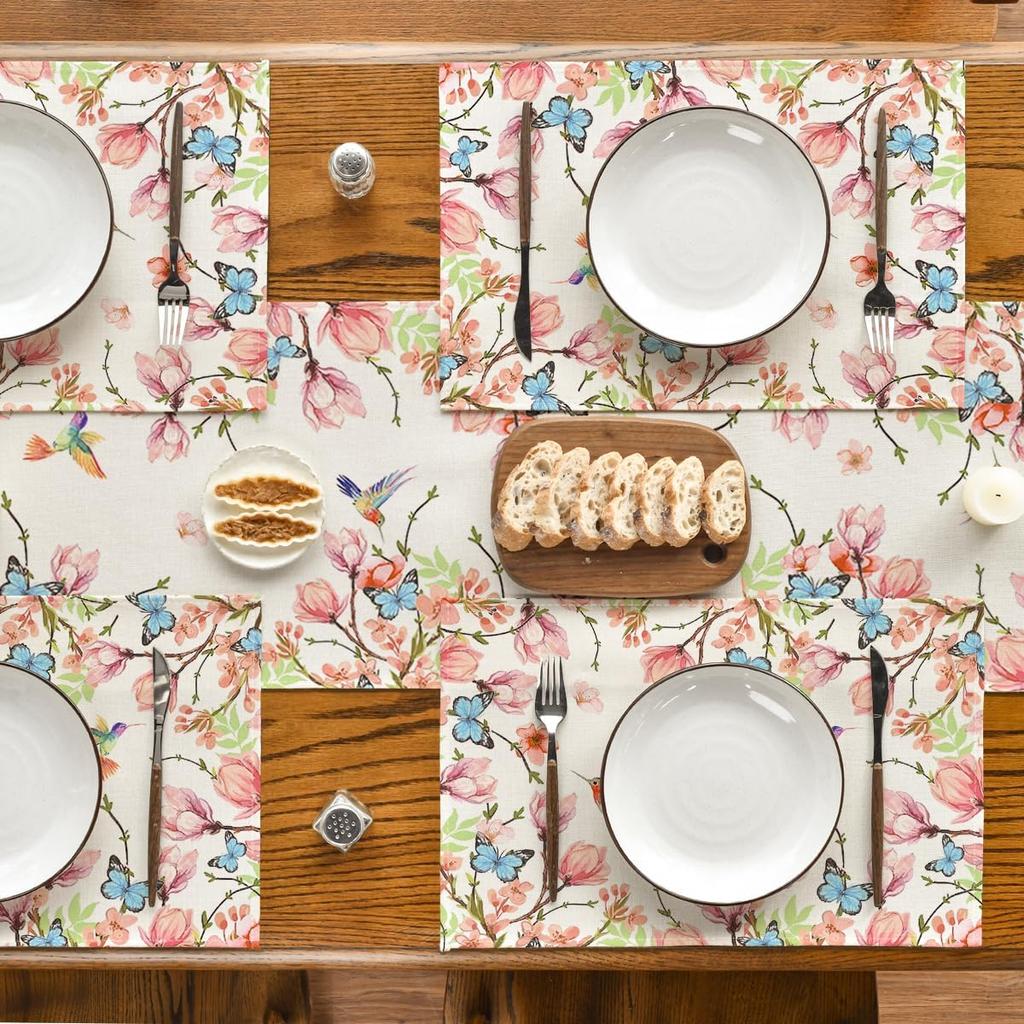 4Pcs, Hummingbird and Butterfly Floral Placemats, Washable, Suitable for Holiday Parties, Home Decor