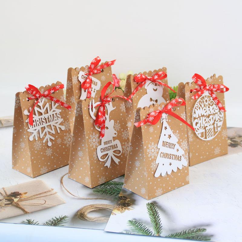 European Candy Box, Christmas Kraft Paper Snowflake Paper Bag, Kraft Paper Candy Bag, Christmas 6 Cards