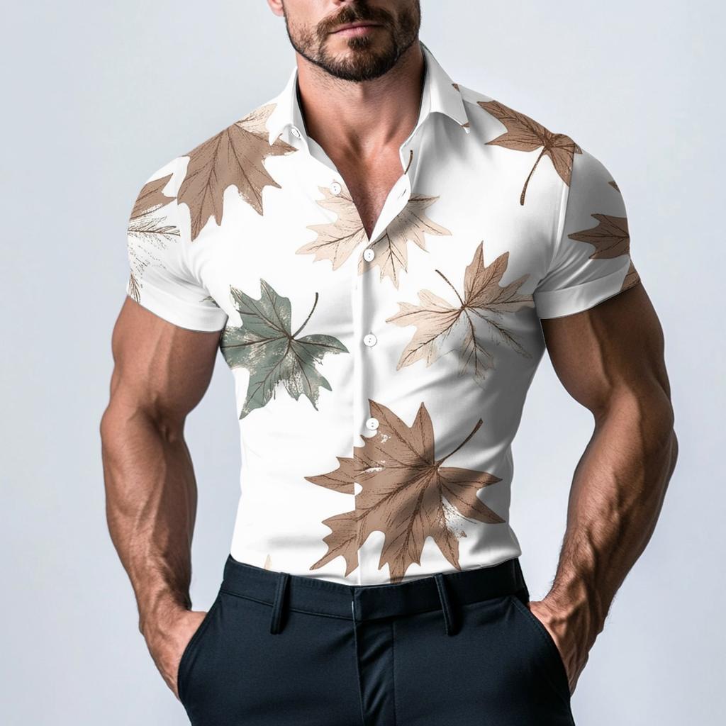 Pánská módní tištěná saténová košile s krátkým rukávem