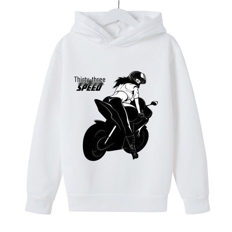 2026 Kids Unisex Hoodie: Black & White Silhouette Female Motorcycle Rider SPEED Racing Theme