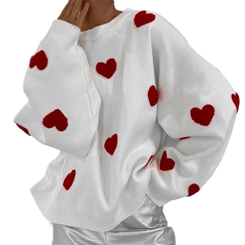 European Style Heart Embroidered Knit Pullover - Women's Round Neck, Long Sleeve, Loose Fit, Versatile Casual Top