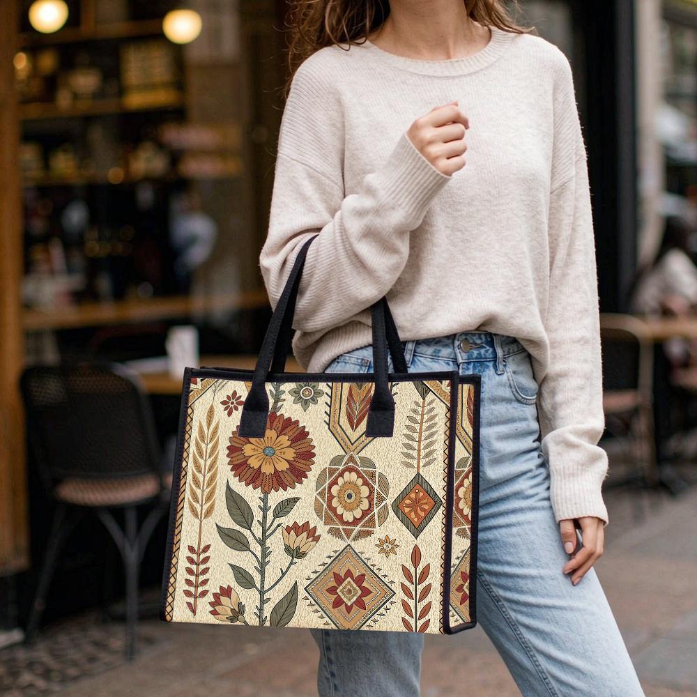 Vintage Boho Floral Tote Bag for Women Fashion Large Capacity Casual Portable Handbag for Shopping Travel Daily Use