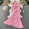Women's suit temperament heavy industry embroidered bead lace V-neck metal buckle shirt waist pendulum pleated long skirt two-piece set