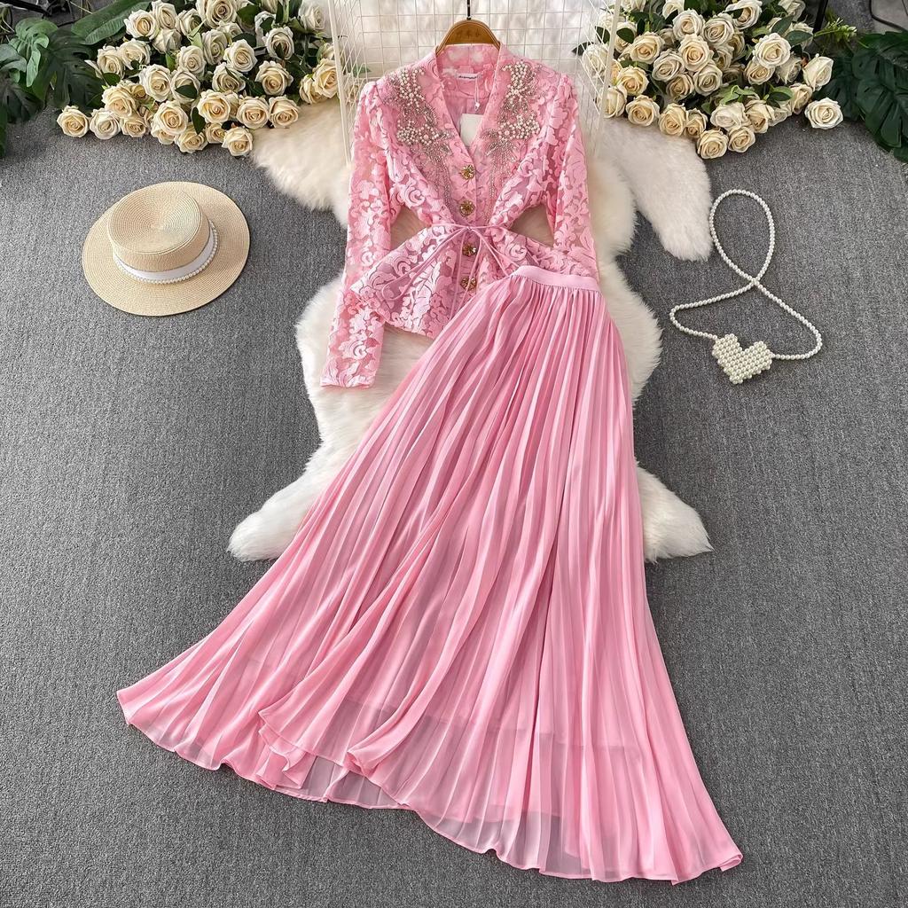 Women's suit temperament heavy industry embroidered bead lace V-neck metal buckle shirt waist pendulum pleated long skirt two-piece set
