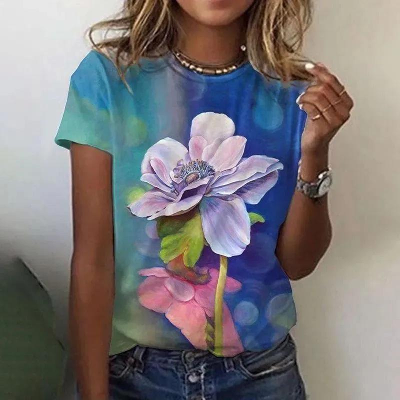 Flower Short Sleeve 3D Flower Color Printing Fashion Women's Crew Neck Short Sleeve Crew Neck T-Shirt Senior Women's Clothing