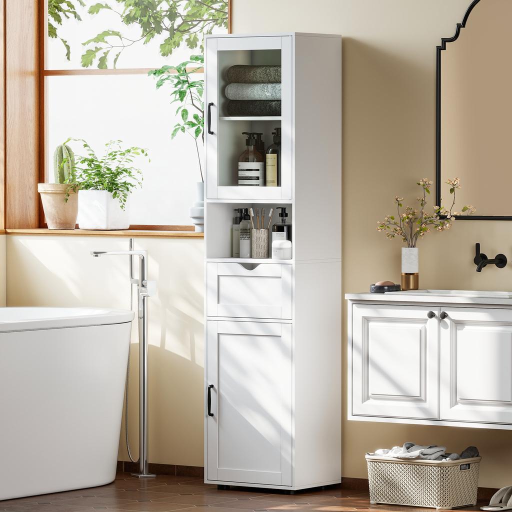 Narrow Bathroom Column with Glass Door Adjustable Shelves Drawer Open Shelf 40x30x165 Cm White