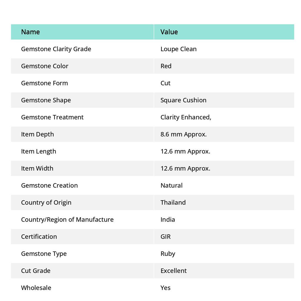 Natural Ruby Loose Gemstones 9.56 Ct CERTIFIED Red Perfect Square Cushion Cut A-1125