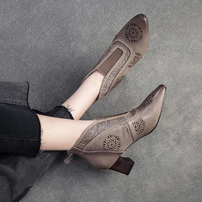 Johnature Sandals Genuine Leather Breathable Hollow-out Boots Retro Pointed High Heel Commuter Women's Shoes