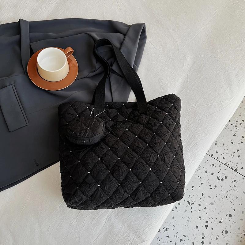 Robuste Baumwoll-Reißverschluss-Tragetasche Vielseitige Pendler-Schultertasche Diamant-Gitter Handheld-Einkaufstasche