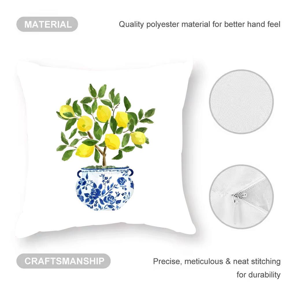 Blue - Toned Watercolor Lemon Pillow Case  Anti-dustmite Pillowcase Invisible Zipper Silky Short Plush Sofa Cushion Cover