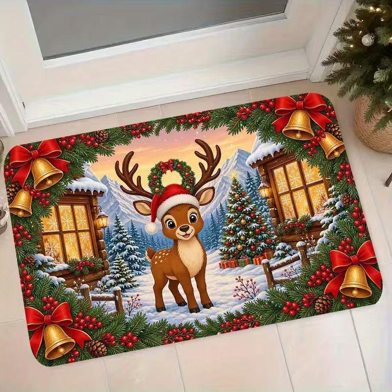 Christmas Santa Claus Doormat 2D Flat Printed Crystal Velvet Non‑slip Floor Rug for Entrance Bedroom Living Room Xmas Holiday Home Decor