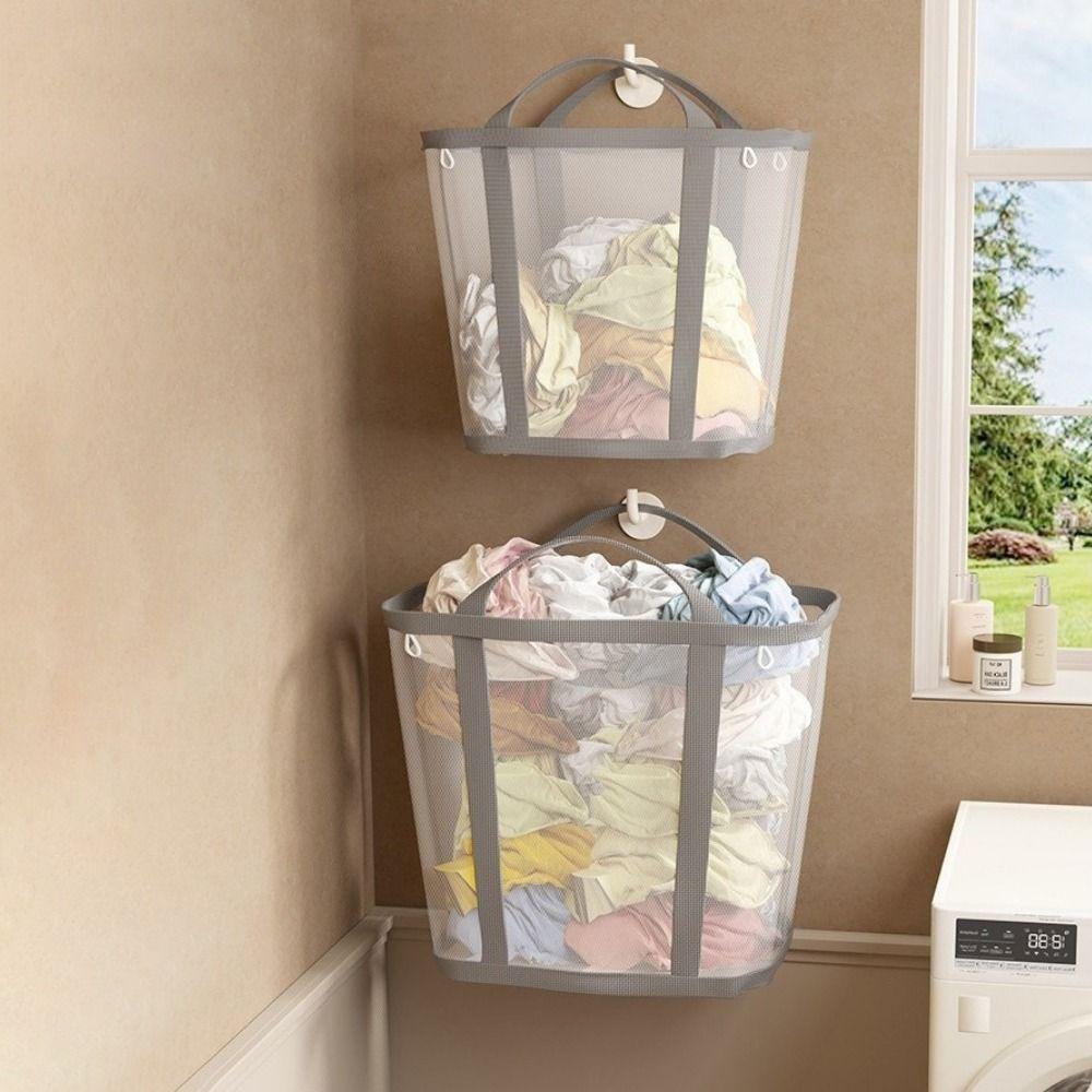 Wall Mounted Nylon Mesh Laundry Basket Foldable Large Capacity Dirty Clothes Basket Space Saving with Handle