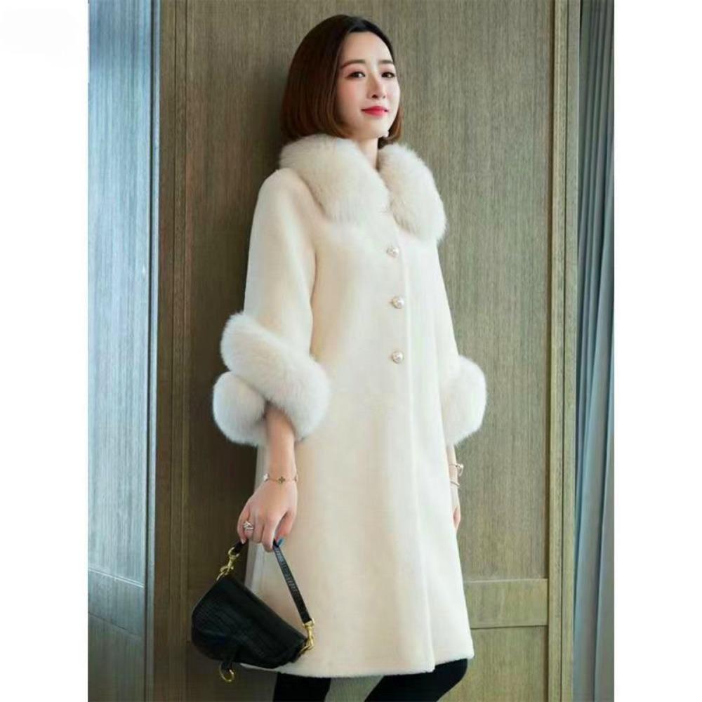 Autumn and Winter New Elegant Loose Coat Fox Fur Fur Collar Thickened Fur Particles Integrated Coat Women