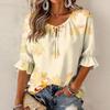 Women's Vintage Floral Print Blouse with Tie Neck and Ruffle Three-Quarter Sleeves
