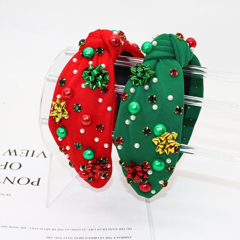 European & American Christmas Pearl Flower Headband - Red & Green Trendy Accessory for Women