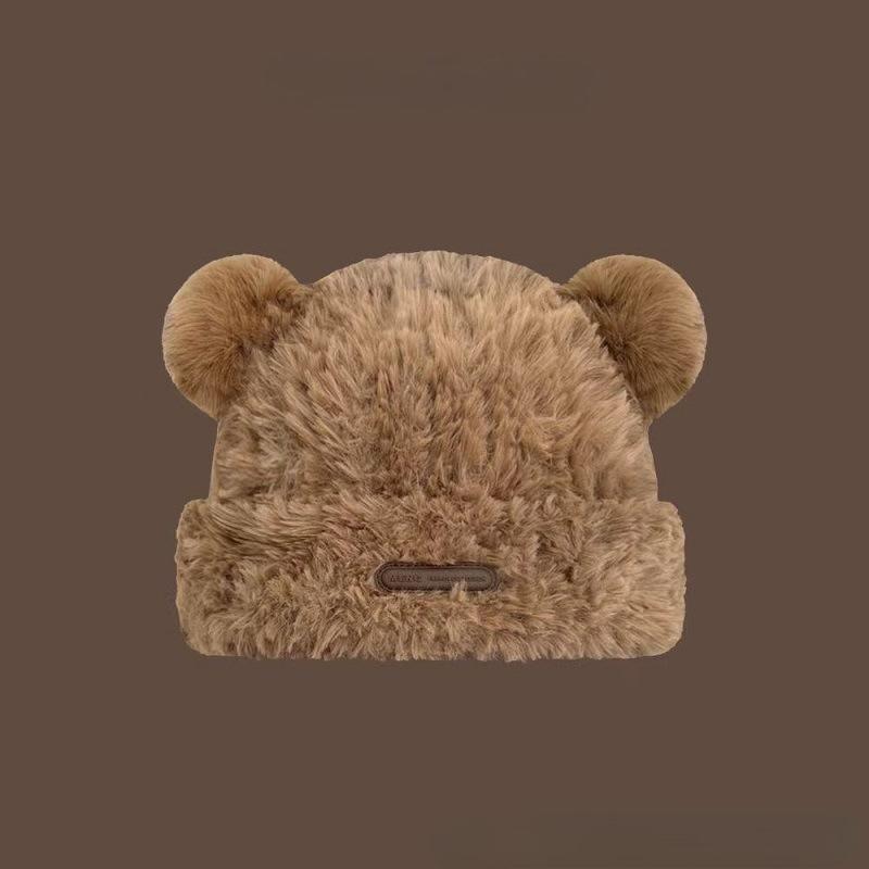Brief Niedlich Kleine Bärenohren Einfarbig Weiche Plüschmütze Damenmode Winter Verdickt zum Warmhalten Ohrenschutz Gestrickt Mütze ohne Schirm