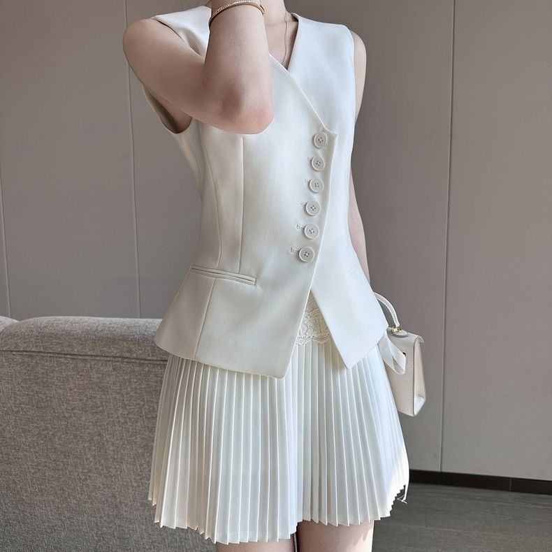 Fashion Diagonal Button Blazer Vest for Women Layered Office Wear Sleeveless Outwear Clothes