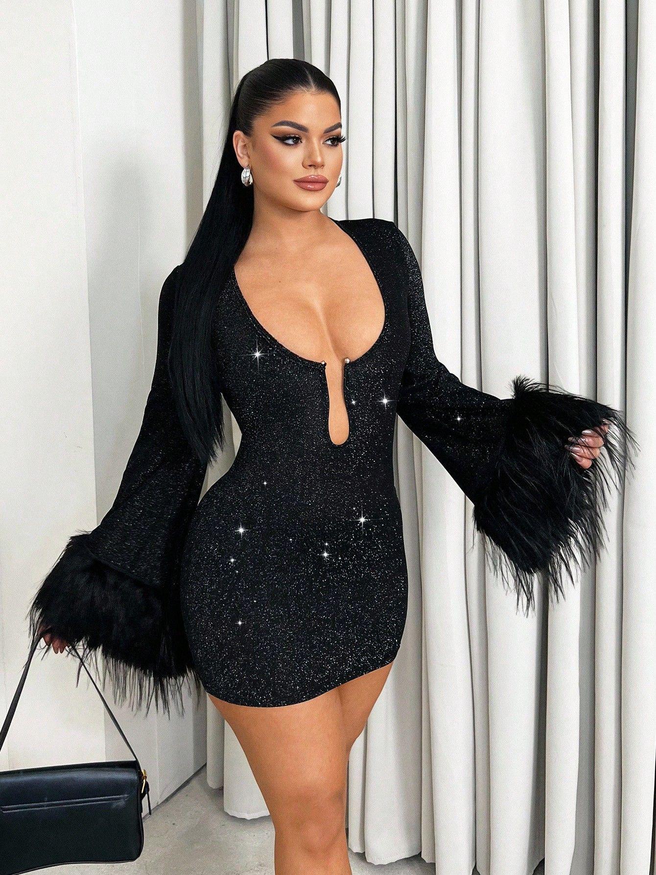 

Сексуальное облегающее вечернее платье с блестками 2025 года - Европейский и американский стиль, платье с длинным рукавом XL чёрный