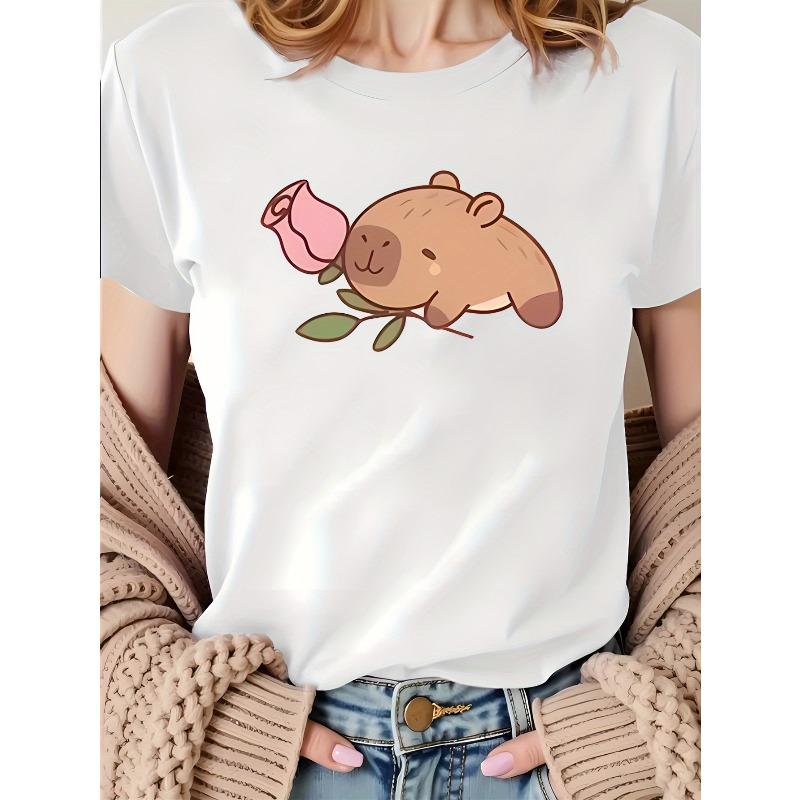 

New Women S Short-Sleeve Breathable Fabric Casual Sports Soft and Comfortable Round-Neck T-Shirt Top, Seasonal Cartoon Trendy Print Summer S белый