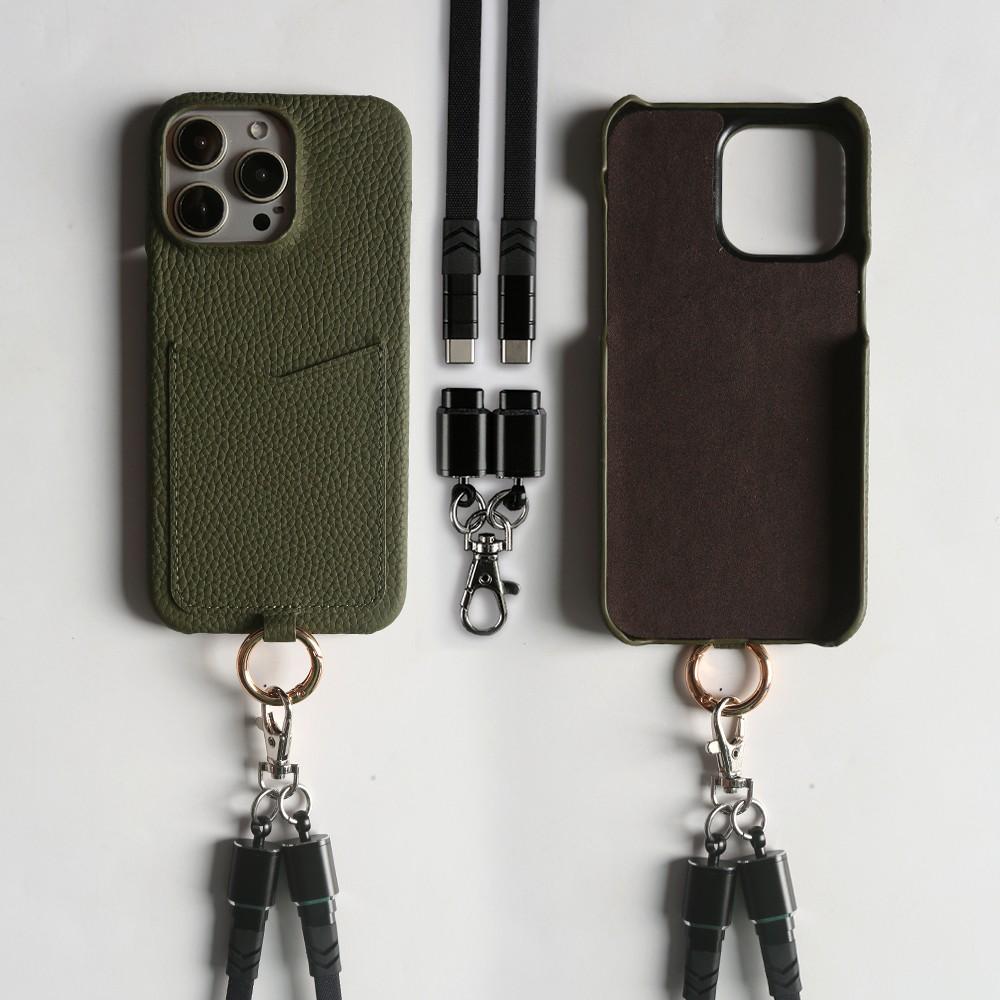Multifunktionales Ladekabel-Lanyard Echtes Lederhülle Für iPhone 16 Pro Max 15Pro 11 13 12 14Pro Umhängeband Kartenfach