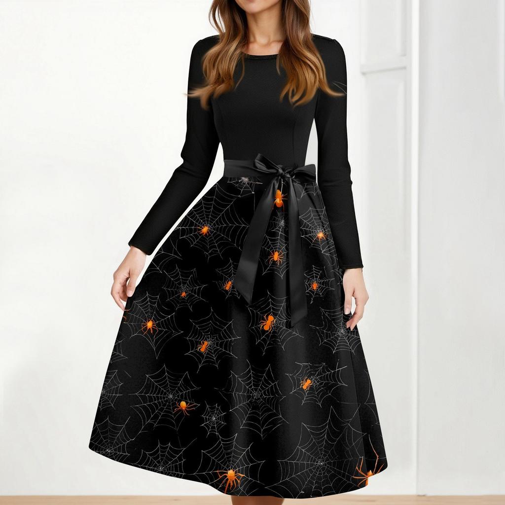 Halloween Print Flare Φόρεμα για Γυναικείο Μακρυμάνικο Φόρεμα Hollow Party Casual με στρογγυλή λαιμόκοψη