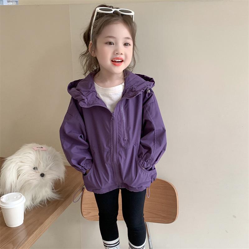 

Autumn 2025 Korean Style Girls Hooded Windbreaker Coat with Double Zipper 140 cm фиолетовый
