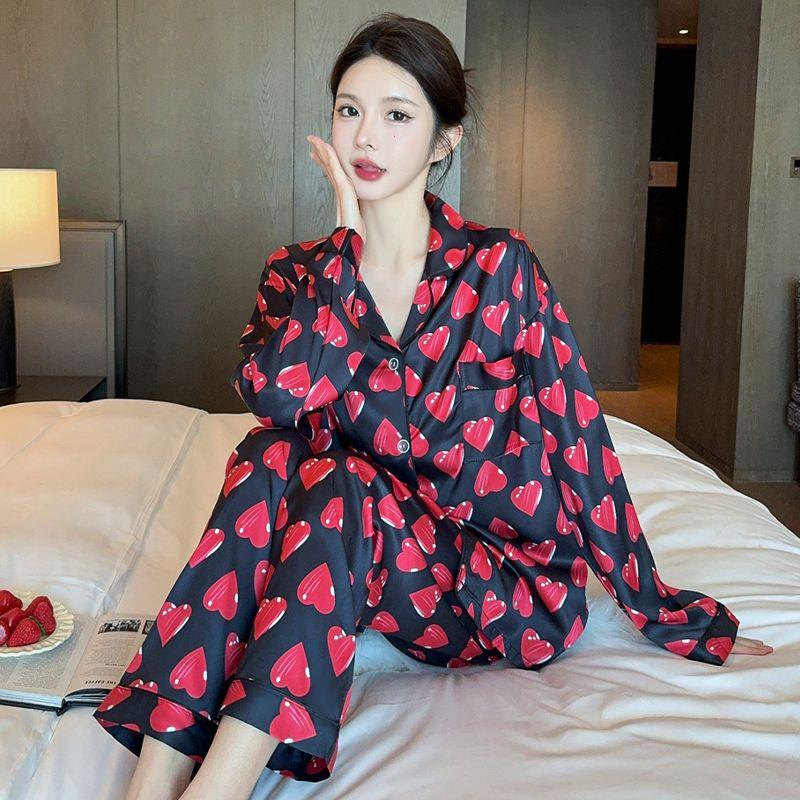 Literarisch Retro Romantisches Rotes Herz Schwarzer Damenpyjama Modetrend Elegante Nachtwäsche Frühling Herbst Langärmlige Nachtwäsche